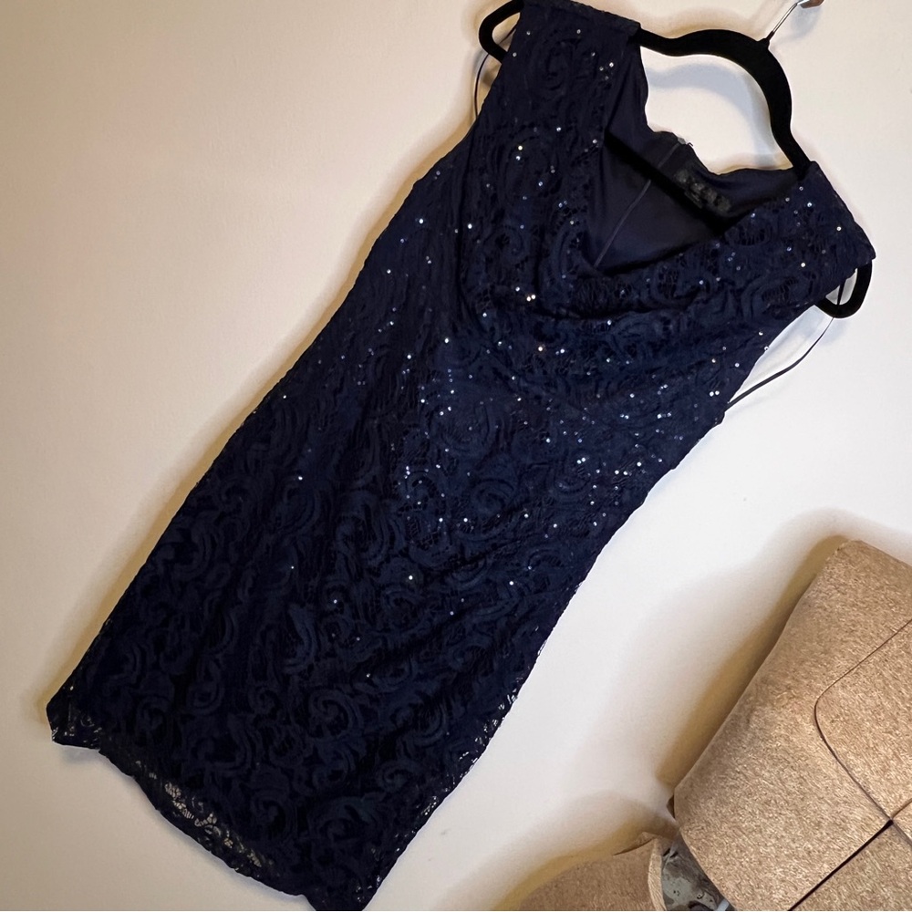 Dark Navy Blue Stretch Lace Sequin Lined Midi Dress